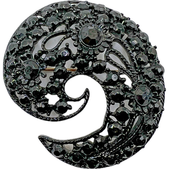 M JENT Vintage Jet Black Rhinestone Filigree PAISLEY BROOCH Costume Jewelry - Picture 1 of 10